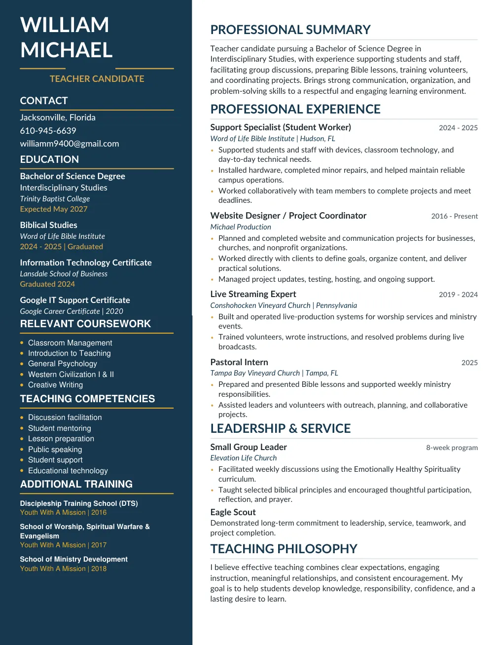 Teaching résumé — page 1